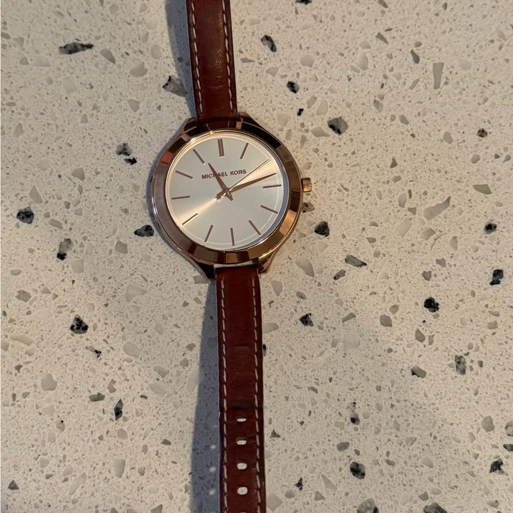 Michael Kors Rose Gold Case Silver Dial Brown Leather Strap Watch